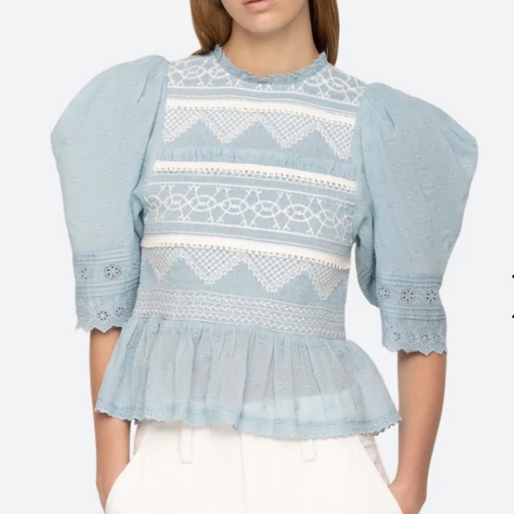 Sea New York Light Blue Lace Trim Puff Sleeve Peplum Blouse